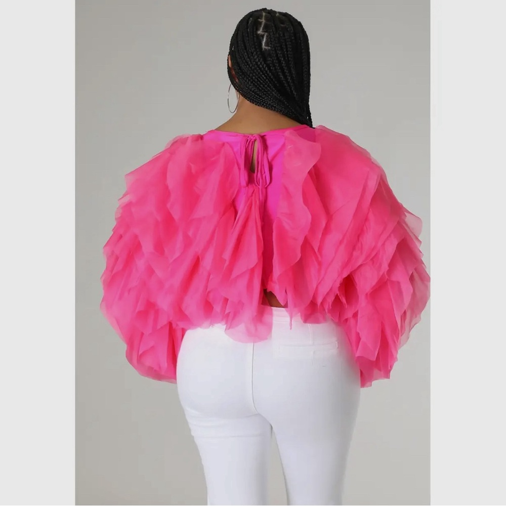 PLUS SIZE RUFFLE TULLE CROP TOP BLOUSE RED - Picture 7 of 7